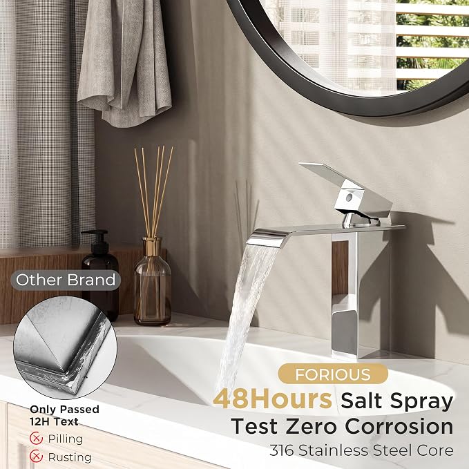 FORIOUS Bathroom Faucet 1 Hole Single Handle Vanity Sink Faucets Chrome | Sqaure Waterfall Spout, 1 or 3 Hole 4 Inch Centerset Sink with Drain and Hoses, for Vanity Rv Commercial Lavatory Restroom