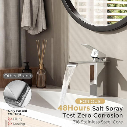 FORIOUS Bathroom Faucet 1 Hole Single Handle Vanity Sink Faucets Chrome | Sqaure Waterfall Spout, 1 or 3 Hole 4 Inch Centerset Sink with Drain and Hoses, for Vanity Rv Commercial Lavatory Restroom