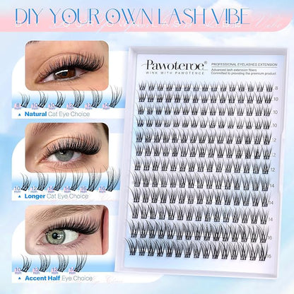 Lash Clusters Kit Wispy Lash Extension Kit Natural 180pcs Cluster Eyelash Extensions Kit Individual Lashes 8-16mm Eyelash Clusters Kit with Lash Cluster Bond Seal and Lash Tweezers