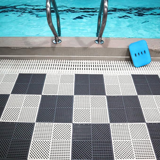 18 Pack Modular Interlocking Floor Mat Outdoor Shower Mat Tiles with Drainage Holes for Swimming Pool Bathroom Shower Sauna Room Garage Boat, 12"×12" Gray+White