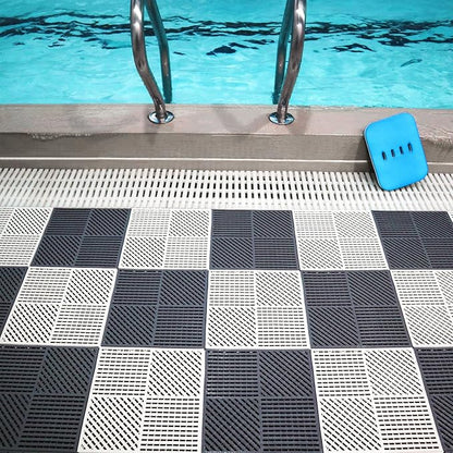 18 Pack Modular Interlocking Floor Mat Outdoor Shower Mat Tiles with Drainage Holes for Swimming Pool Bathroom Shower Sauna Room Garage Boat, 12"×12" Gray+White