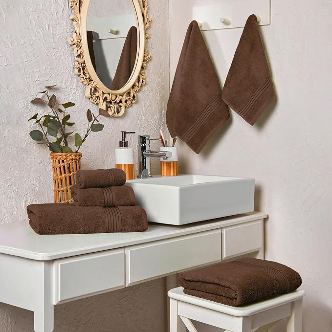 Elegant Comfort Premium Cotton 6-Piece Towel Set, Includes 2 Washcloths, 2 Hand Towels and 2 Bath Towels, 100% Turkish Cotton - Highly Absorbent and Super Soft Towels for Bathroom, Brown