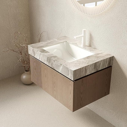 Ambrovina 30" Floating Bathroom Vanity with Sink, Modern Plywood Bathroom Storage Cabinet with Drawer and Door, Gray Sintered Stone Countertop and White Ceramic Basin, Pre-Assembled, Light Brown