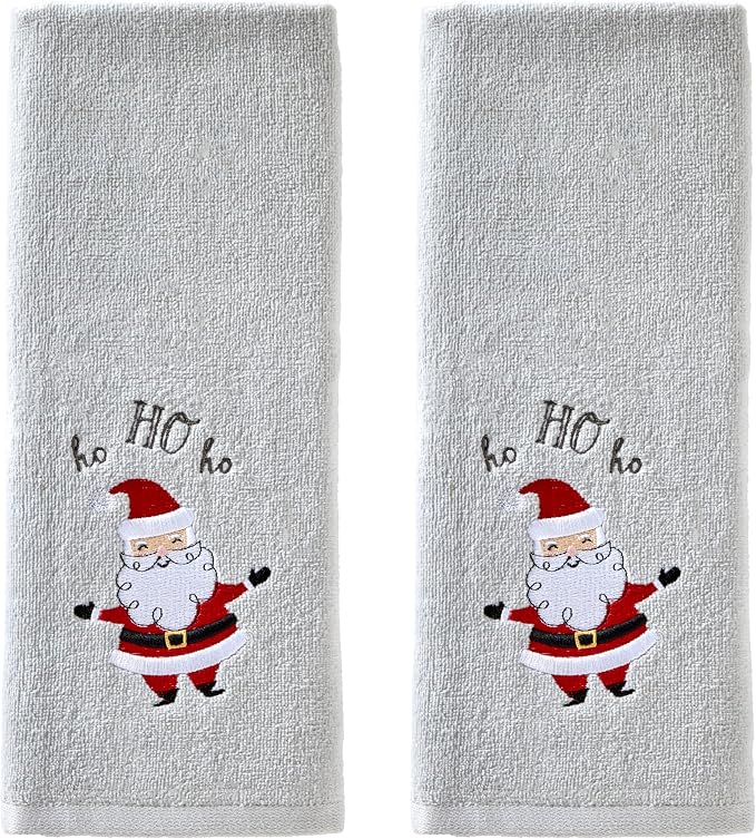 SKL Home Christmas Santa Hand Towel Set-2pc, 100% Cotton, Gray | Soft, embroidered velour. Great for the bathroom, kitchen or bar & holiday gifting.
