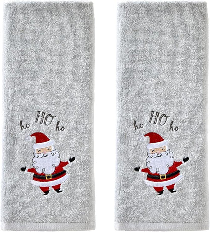 SKL Home Christmas Santa Hand Towel Set-2pc, 100% Cotton, Gray | Soft, embroidered velour. Great for the bathroom, kitchen or bar & holiday gifting.