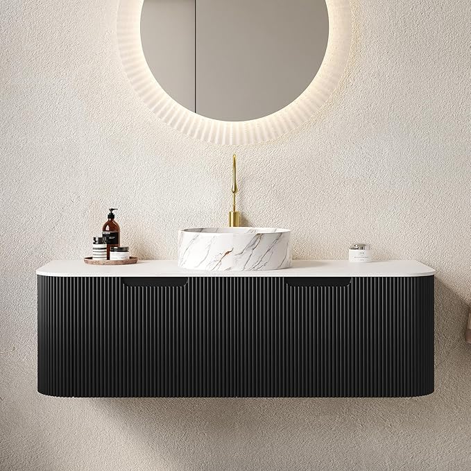 Yayzy 48" Floating Bathroom Vanity with Sink, Solid Wood Fluted Cabinet, White Marble-Patterned Ceramic Basin & Faux Marble Top, Soft-Close Drawer, Pre-Assembled, Gloss Black