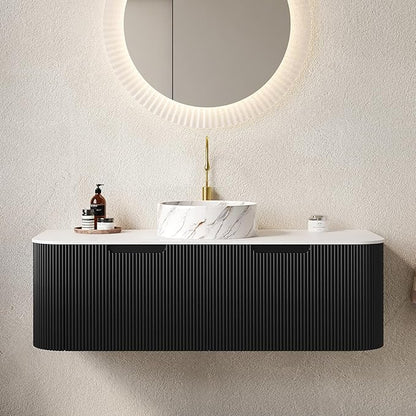 Yayzy 48" Floating Bathroom Vanity with Sink, Solid Wood Fluted Cabinet, White Marble-Patterned Ceramic Basin & Faux Marble Top, Soft-Close Drawer, Pre-Assembled, Gloss Black