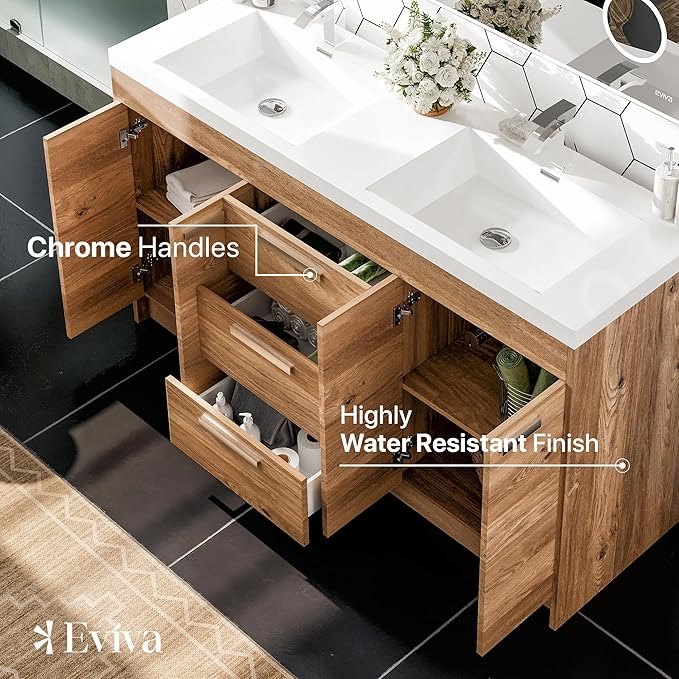 Eviva Lugano 60 in. Natural Oak Double Sink Bath Vanity with Acrylic Top and Integrated Sinks
