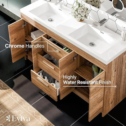 Eviva Lugano 60 in. Natural Oak Double Sink Bath Vanity with Acrylic Top and Integrated Sinks