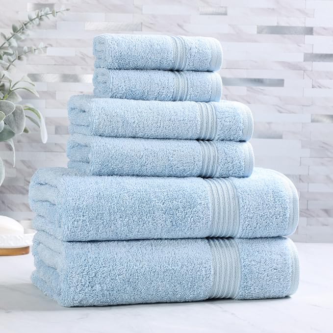 SUPERIOR Egyptian Cotton 6-Piece Towel Set, Bathroom Essentials, Towels for Bathroom, Apartment, Airbnb, Guest Bath, Face, Hand, Bath Towels, Washcloths, Absorbent, Fast Drying, Light Blue