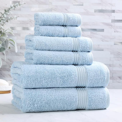 SUPERIOR Egyptian Cotton 6-Piece Towel Set, Bathroom Essentials, Towels for Bathroom, Apartment, Airbnb, Guest Bath, Face, Hand, Bath Towels, Washcloths, Absorbent, Fast Drying, Light Blue