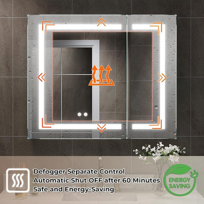 36" X 30" Bathroom LED Medicine Cabinet with Mirror, Medicine Cabinet with Lights, Bathroom Mirror with Storage, Dimmer, Defogger, Outlets & USB Ports, Double Doors