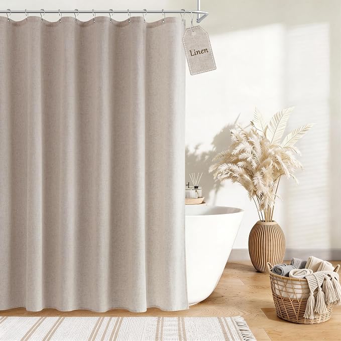 Extra Long Linen Shower Curtain for Bathroom 84 Inch Long Taupe Burlywood | Weighted Tall XL Bath Curtain with Hooks, Water Repellent, Neutral Boho Farmhouse, Simple Luxury Shower Decor, 1 Panel, 72x84