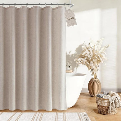 Extra Long Linen Shower Curtain for Bathroom 80 Inch Long Taupe Burlywood | Weighted Fabric Bath Curtains with Hooks, Water Repellent, Neutral Boho Farmhouse, Simple Luxury Shower Decor, 1 Panel, 72x80