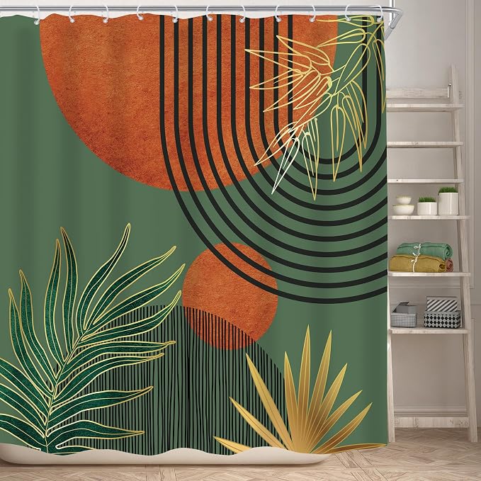 Mid Century Green Orange Boho Abstract Modern Bathroom Shower Curtain Set | 72Wx72L Sun Arch design, waterproof HD print with fast-drying fabric and 12 hooks.