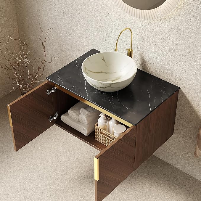 30" Floating Bathroom Vanity with Sink Combo, Modern Vanity with Vessel Sink, Wall-Mounted Bathroom Vanity Cabinet with Doors, Countertop and White Bowl Ceramic Basin,Brown Oak