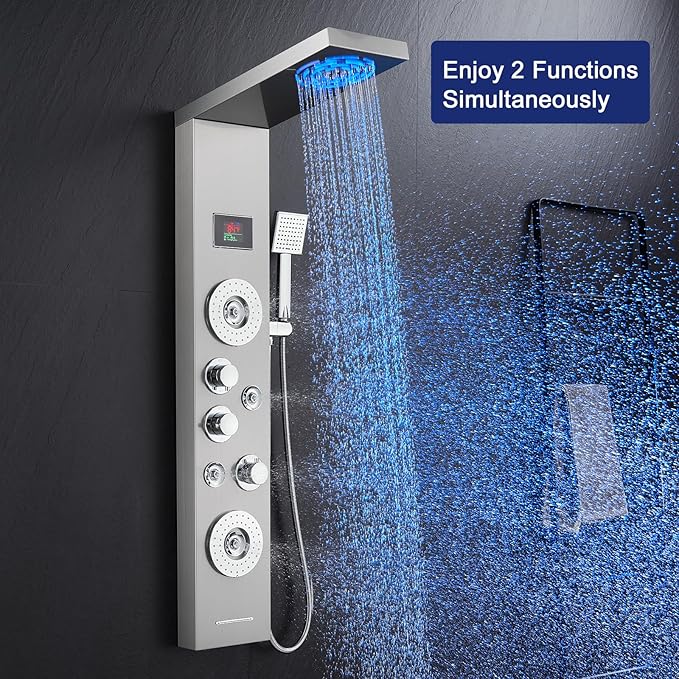 ROVATE LED Shower Panel Tower System with Rainfall and Mist Shower Head, 6-in-1 Shower Panels with Jets and Handheld and Digital Temperature Display, Shower Tower High Pressure with Tub Spout