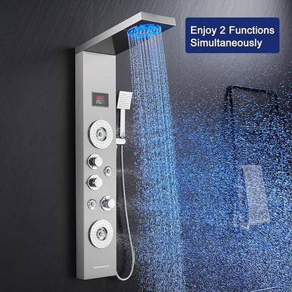 ROVATE LED Shower Panel Tower System with Rainfall and Mist Shower Head, 6-in-1 Shower Panels with Jets and Handheld and Digital Temperature Display, Shower Tower High Pressure with Tub Spout