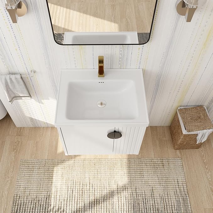 SSLine 24" Wall-Mount Bathroom Vanity Modern Floating Bathroom Vanity Set with Ceramic Sink Basin & Storage Cabinet 24-Inch Luxury White Small Bathroom Vanities with Round Metal Handles