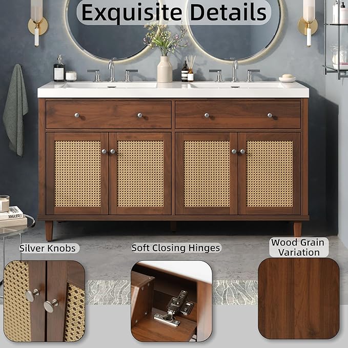 60" Farmhouse Double Sink Bathroom Vanity with Double Sinks, Soft Closing Doors and Flip-Out Drawers, Solid Wood Frame & MDF Wood Bathroom Sink Cabinet, Freestanding Solid Wood Legs
