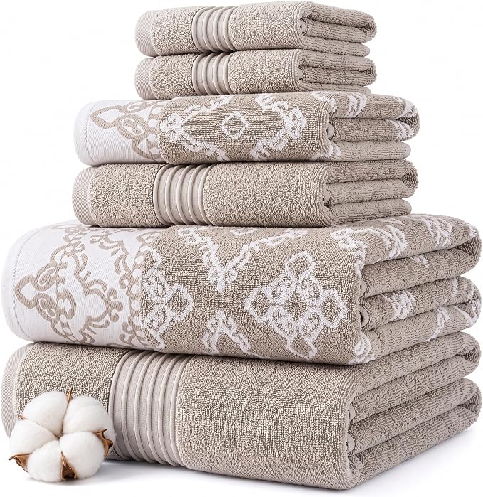 Modern Threads Charlize 6-Piece 100% Cotton Towel Set – Reversible Yarn Dyed Jacquard & Solid – Includes 2 Bath Towels, 2 Hand Towels, 2 Washcloths – Absorbent, Quick Dry, Soft & Durable – Fawn