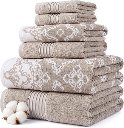 Modern Threads Charlize 6-Piece 100% Cotton Towel Set – Reversible Yarn Dyed Jacquard & Solid – Includes 2 Bath Towels, 2 Hand Towels, 2 Washcloths – Absorbent, Quick Dry, Soft & Durable – Fawn