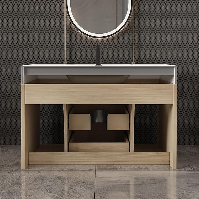 30" Bathroom Vanity with Sink Set, Modern Oak Wall Mounted Bathroom Vanity Cabinet with Sintered Stone Top&Gold Handle 2 Drawers&2 Open Storage, Single Sink Floating Bathroom Vanity