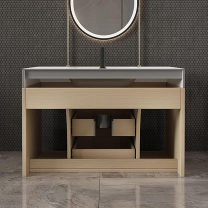 30" Bathroom Vanity with Sink Set, Modern Oak Wall Mounted Bathroom Vanity Cabinet with Sintered Stone Top&Gold Handle 2 Drawers&2 Open Storage, Single Sink Floating Bathroom Vanity