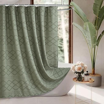 Extra Long Sage Green Boho Shower Curtain - Woven Fabric, 72 x 96 Inches, Tufted Chevron Textured Striped, Modern Farmhouse Minimalist for Bathroom