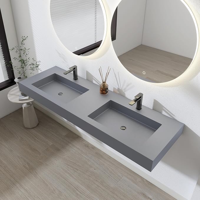 SJ STAR&JANE 59" x 19" Solid Surface Bathroom Double Vessel Sink, Wall Mounted Sink, Stone Resin Countertop With Double Bowl in Light Gray Rectangle Double Floating Vanity Sink Durable Modern Design