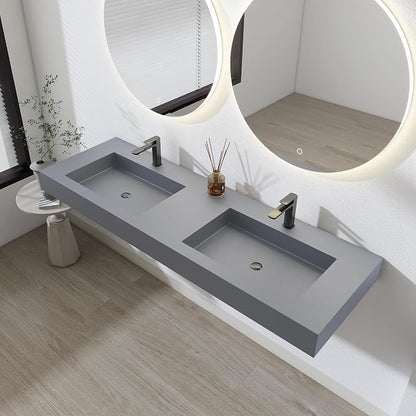 SJ STAR&JANE 59" x 19" Solid Surface Bathroom Double Vessel Sink, Wall Mounted Sink, Stone Resin Countertop With Double Bowl in Light Gray Rectangle Double Floating Vanity Sink Durable Modern Design