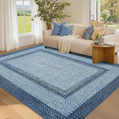 Washable Area Rugs 9x12 Living Room Modern Rugs for Bedroom Blue Rug Imitation Braided Soft Large Area Rug Non Slip Throw Rugs Stain Resistant Carpet for Nursery Dining Room 9'x12' Blue