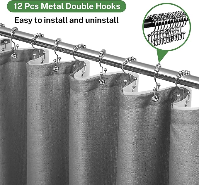 3 in 1 Shower Curtain Set, 72x78 Grey Shower Curtain and Liner with 12 Double Sided Shower Curtain Hooks, Cloth Shower Curtains for Bathroom,Waterproof