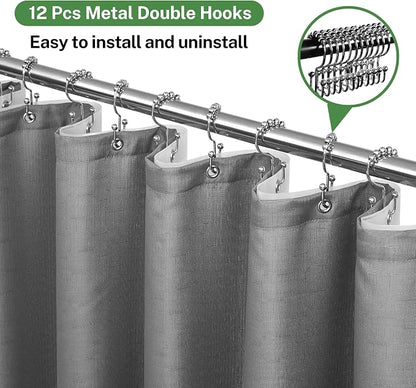 3 in 1 Shower Curtain Set, 72x78 Grey Shower Curtain and Liner with 12 Double Sided Shower Curtain Hooks, Cloth Shower Curtains for Bathroom,Waterproof