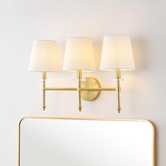 JONATHAN Y 23" Brass Gold Modern LED Wall Sconce, Midcentury Vanity Light for Bathroom Bedroom Hallway Decor, Iron Fixture with White Linen Empire Shade (JYL9921A)