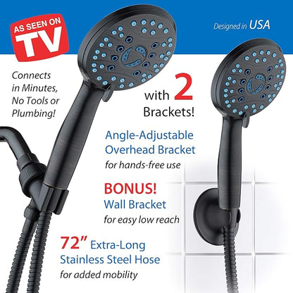 AquaCare 8-mode High Pressure Handheld Shower Head with 2-mode Power Wash | Stay Clean Nozzles, Dual Power Wash for Tub, Tile & Pets, Long 6 ft. Stainless Steel Hose, Wall & Overhead Brackets / Bronze