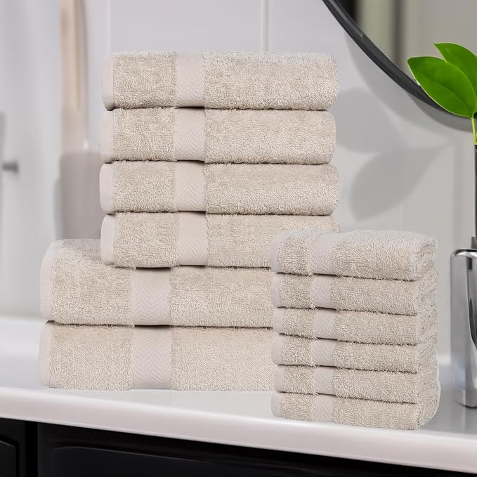 Superior 12-Piece Cotton Assorted Towel Set, Includes 6 Face Towel, 4 Hand, and 2 Bath Towels, Home, Bathroom, Guest Bath Essentials, Quick Dry, Absorbent, Franklin Collection - Stone