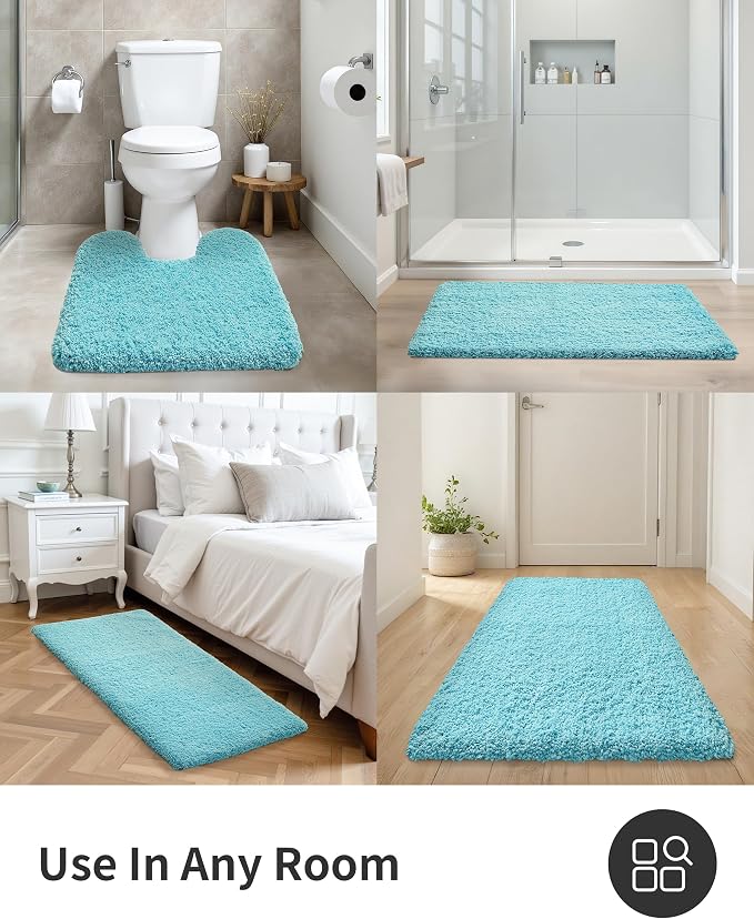 ILANGO Teal Bathroom Rugs 36" × 24" Non Slip & Super Absorbent Extra Thick Soft, Washable Bath Mat for Floor, Microfiber Plush Shaggy Bath Rug with Rubber for Bathtub Shower Room Sink
