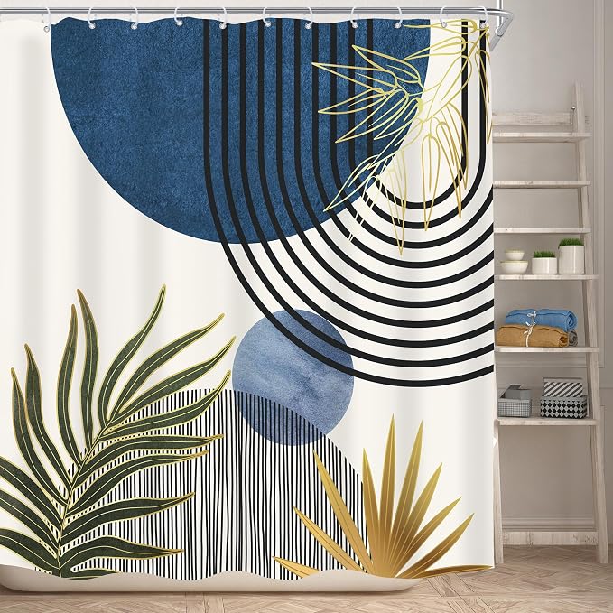 Mid Century Blue Green Boho Abstract Modern Bathroom Shower Curtain Set | 72Wx72L S Plant design, waterproof HD print with fast-drying fabric and 12 hooks.