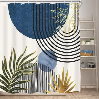 Mid Century Blue Green Boho Abstract Modern Bathroom Shower Curtain Set | 72Wx72L S Plant design, waterproof HD print with fast-drying fabric and 12 hooks.
