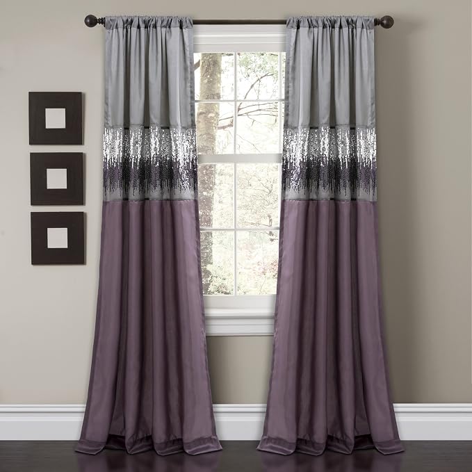 Lush Decor Night Sky Window Curtain Panel, Single, 42" W x 84" L, Purple & Gray - Sequin Curtains - Sparkle & Color Block Design - Modern Glam Decor - Long Curtains For Bedroom & Living Room