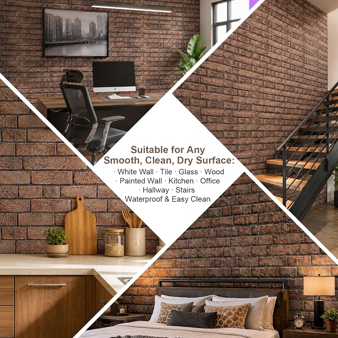 3D Brick Wall Panels Peel and Stick,10Pcs Self Adhesive PVC Tiles | 11.81*11.81 Inch, Waterproof, Self-Adhesive Wall Tiles, Wallpaper for Accent Walls, Kitchen, Bathroom, Bedroom, Office Decor