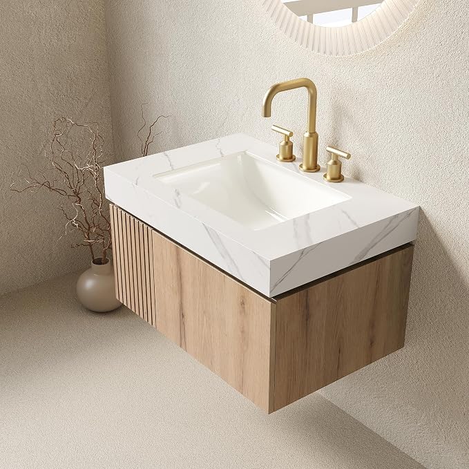 KEIKI 30 Inch Floating Bathroom Vanity with Sink, White Oak & White | Modern Wall Mounted Storage Cabinet w/ Drawer & Door, Pre-assembled Wood Panels, Sintered Stone Top & Ceramic Basin Combo Set