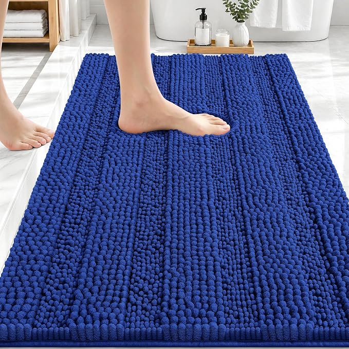 OLANLY Thick Bathroom Rugs 30x20, Chenille Striped Bath Rugs, Royal Blue | Rubber Backing, Machine Wash, Extra Soft Absorbent Bath Mats for Bathroom Floor, Tub and Shower, Home Decor Accessories
