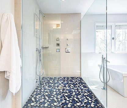 Pebble Ceramic Tiles 5 Sheets, Heart-Shaped 12x12 Floor Tile Ceramic, Dark Blue Mosaic Tiles Mesh Mounted, Waterproof Porcelain Tile Decorative for Kitchen Bath Backsplash Shower Floor Pool