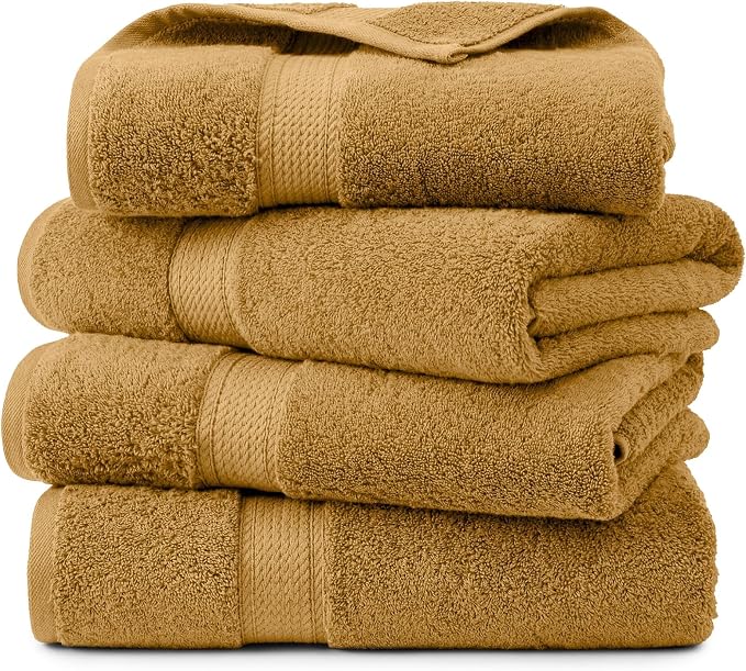 Superior Egyptian Cotton Plush & Absorbent, Bath Towel Set of 4, Gold | Quick Dry, Soft Luxury Towel Set, Bath Essentials for Bathroom, Guest Bath, Spa, 4 Piece Bath, Madeline Towels