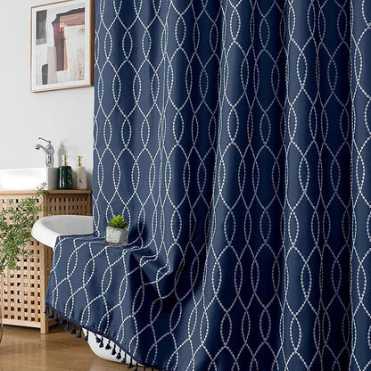 OVZME Navy Blue Shower Curtain for Bathroom, Puff Printed Textured Shower Curtain with Tassels, Rustic Geometry Heavy Duty Vintage Country Bathroom Curtain, Water Resistant Fabric, 72Wx72L Inches