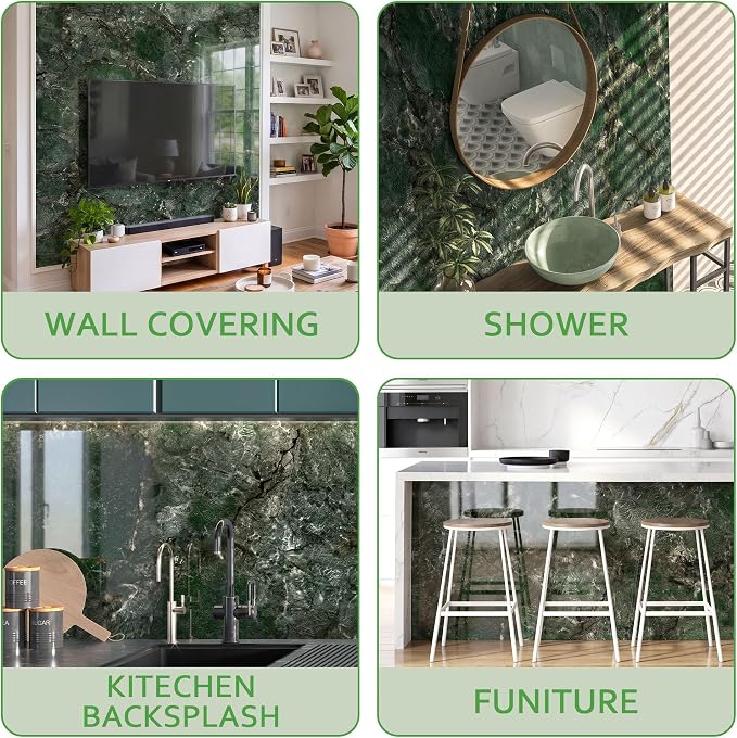 Marble Peel and Stick Waterproof Wall Paneling, 118" x 47" Amazonita Green Glossy Finish Self-Adhesive Backsplash Tile Vinyl Wall Panel for Kitchen Bathroom Wall Decor, Covers 38.75 Sq. Ft.