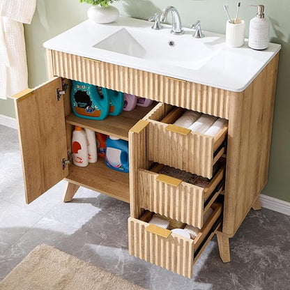 T4TREAM 36" Fluted Bathroom Vanity with Ceramic Sink Combo，Freestanding Modern Bathroom Storage Vanity Cabinet with 2 Soft Closing Doors & 3 Drawers，Wood Grain Texture，Metal Handle，Natural Oak