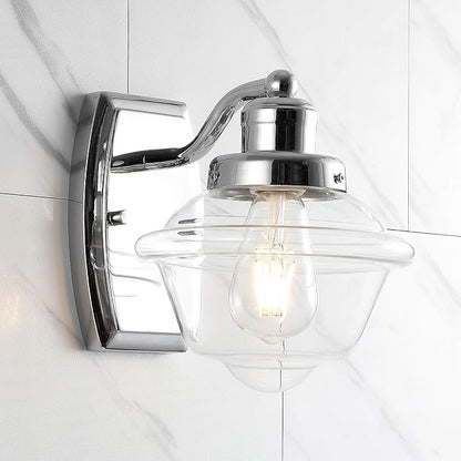 JONATHAN Y 7" Chrome 1-Light Schoolhouse LED Vanity Light, Mid-Century Wall Sconce for Bathroom Kitchen Hallway, Clear Glass Shade, 2700K LED Bulb Included JYL3530A